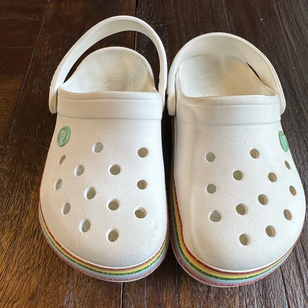Kids White Crocs with Rainbow Trim